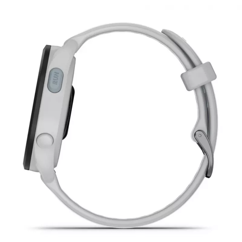Smartwatch GARMIN Forerunner 165 — GPS, AMOLED 1,2 Zoll, 4 GB, 5 ATM, 11 Tage Akku, Graues Gehäuse, Weißes Armband