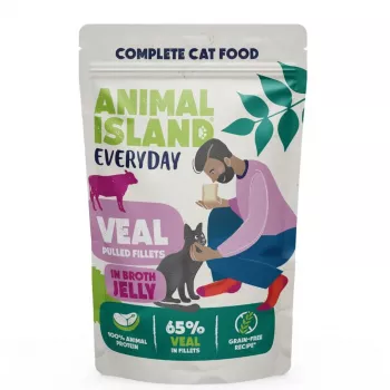 Nassfutter für Katzen animal island Everyday Jelly Kalbfleisch — 12 x 85 g Beutel, ausgewachsene Katzen, zucker-/soja-/glutenfrei