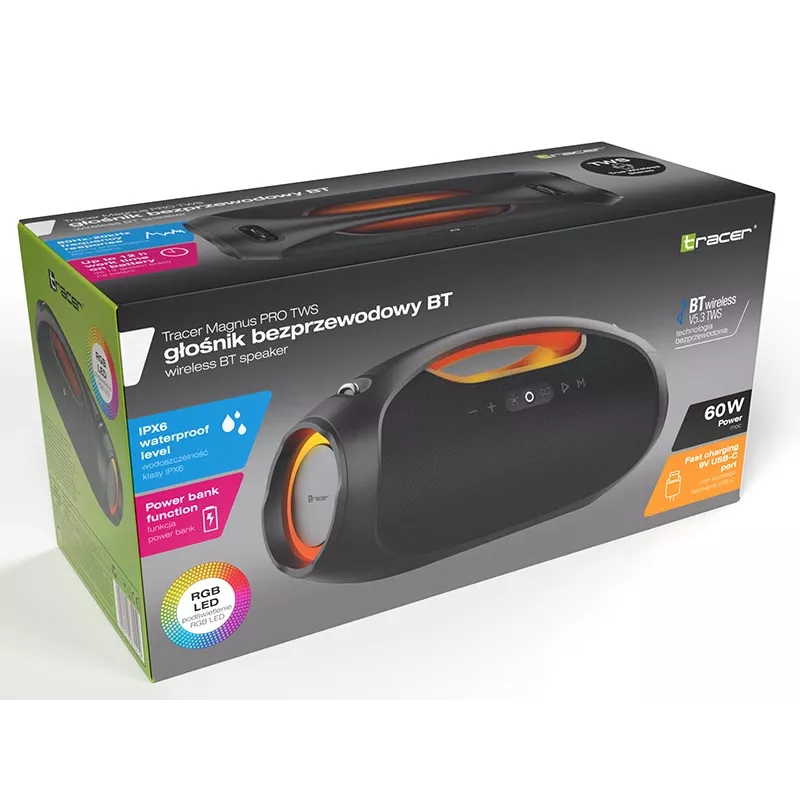 Stereo-Tragbarer Lautsprecher TRACER TRAGLO47226 — kabellos Bluetooth 5.3, 60 W RMS, 12 h Akku, schwarz