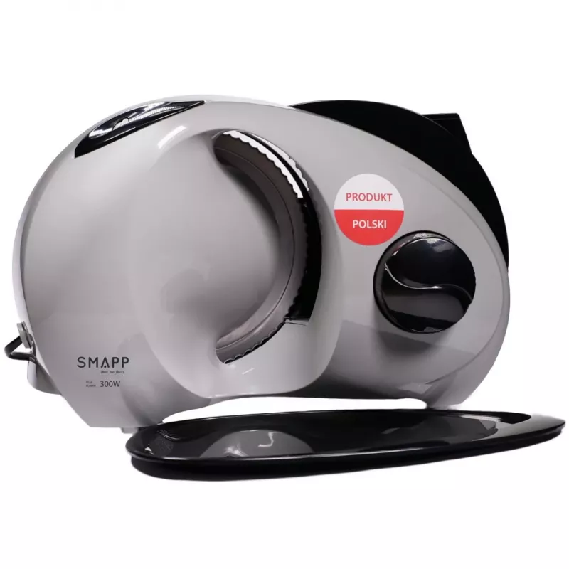 Elektrischer Tisch-Lebensmittelschneider SMAPP 294.5 – 300 W, Schnittstärke 1–15 mm, Edelstahlklinge, Kindersicherung, weiß