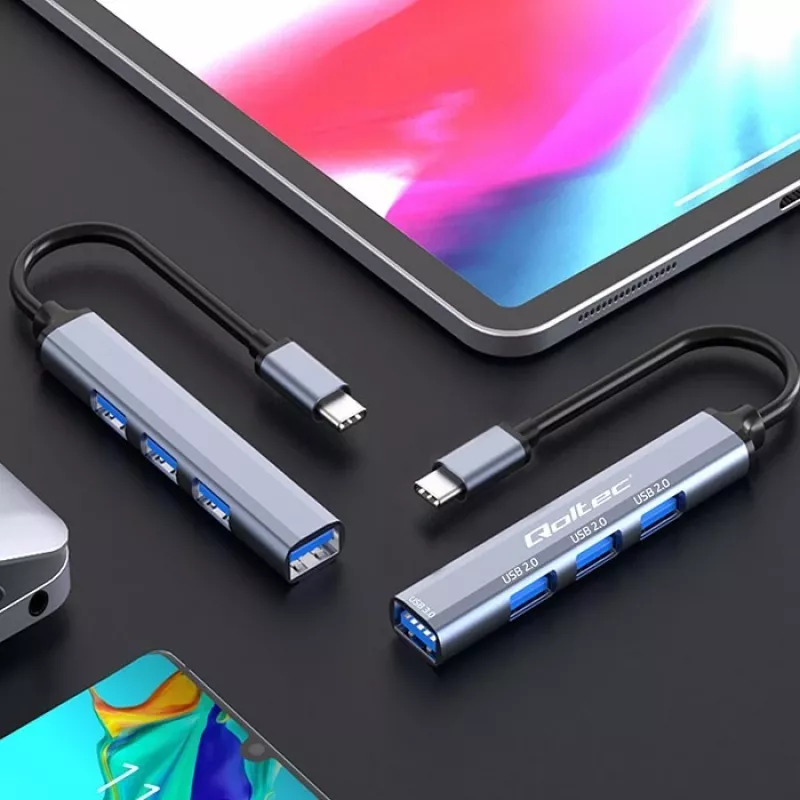 USB-Hub QOLTEC 53792, USB-C 3.1 auf 4 Ports (USB 3.0 x1, USB 2.0 x3)