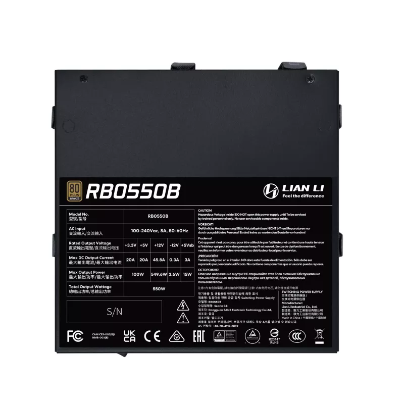 Netzteil Lian Li RB0550B.B 550 W, 24-pol ATX, 80 PLUS Bronze, 135 mm Lüfter, Schwarz