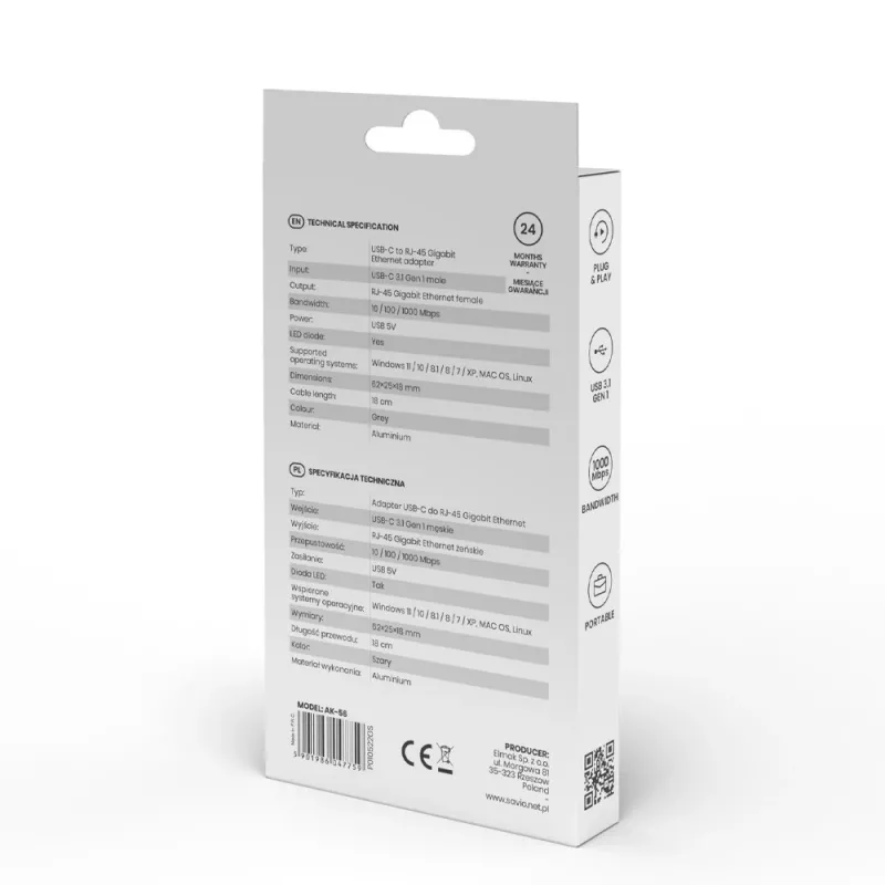 SAVIO Adapter USB-C 3.1 Gen.1 (M) auf RJ-45 Gigabit Ethernet (F), 1000 Mbps, AK-56, grau
