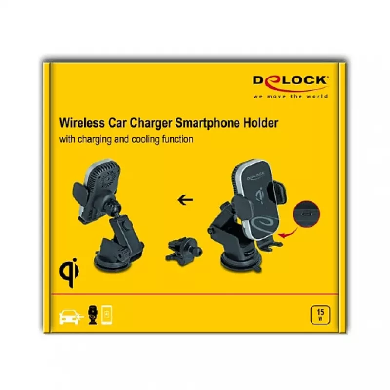Aktive Auto-Halterung DELOCK 66939 für Mobiltelefone — Saugnapfhalterung, Schwarz/Grau, kompatibel mit kabellosem Laden