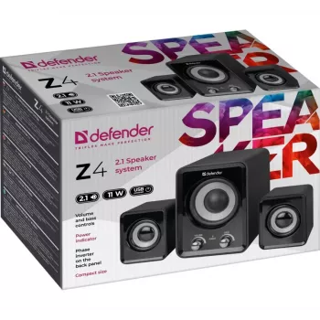 Kabelgebundene DEFENDER Z4 2.1-Lautsprecher, 11 W RMS, schwarz, USB 5V-Stromversorgung, 3,5-mm-Kopfhörerausgang