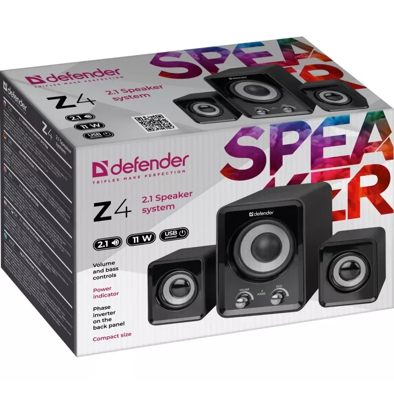 Kabelgebundene DEFENDER Z4 2.1-Lautsprecher, 11 W RMS, schwarz, USB 5V-Stromversorgung, 3,5-mm-Kopfhörerausgang