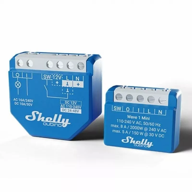 Smart-Relais Shelly Qubino Wave 1 Mini kabellos 110–240V, 8A AC / 5A DC, 868,4 MHz, für Innenräume, blau