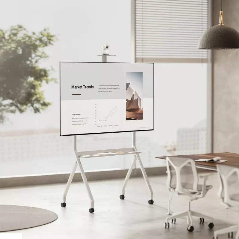Boden-TV-Ständer MACLEAN MC-114 W für Displays 55 Zoll–100 Zoll, weiß, VESA bis zu 900x600, maximale Belastung 120 kg, Höhe 115–152 cm, Ablage