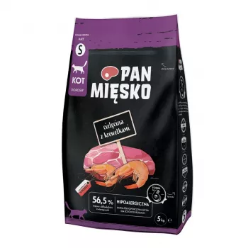 Trockenfutter für Katzen Pan Miesko Kalbfleisch mit Garnelen Klein, Adult, 5 kg, Protein 39 %, Fett 16 %