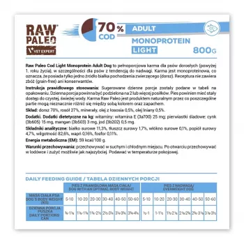 Nassfutter für Hunde VETEXPERT Raw Paleo Cod Light Adult 800 g — Dose, Fischgeschmack, 11,3 % Protein, 1,7 % Fett