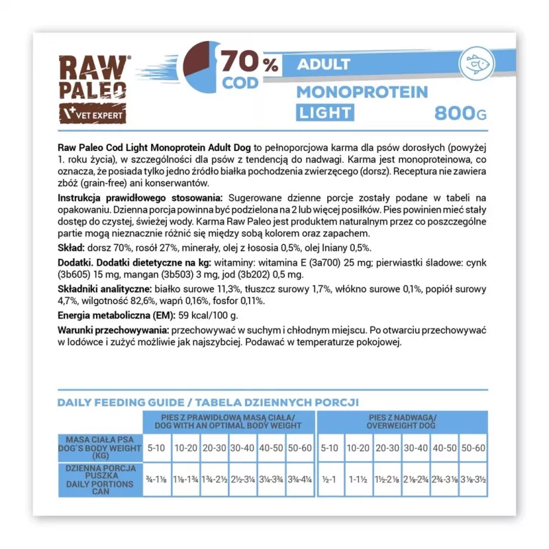 Nassfutter für Hunde VETEXPERT Raw Paleo Cod Light Adult 800 g — Dose, Fischgeschmack, 11,3 % Protein, 1,7 % Fett