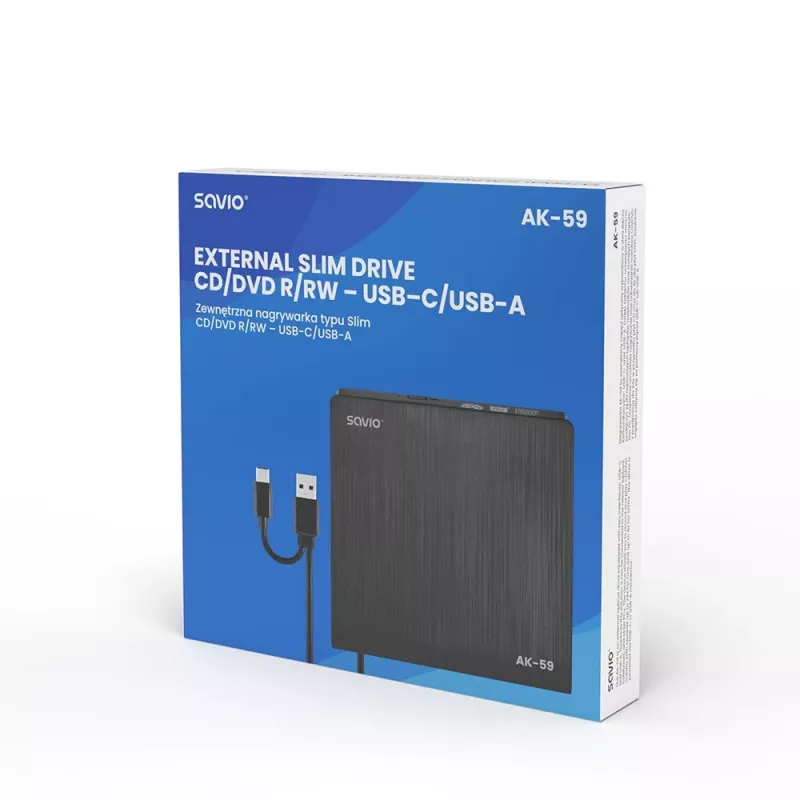 SAVIO AK-59 Externer schlanker CD/DVD-Brenner R/RW - USB-C/USB-A, schwarz