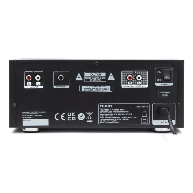 Home-Audio-Mikroanlage Aiwa MSBTU-550 — 50 W RMS, Bluetooth 10 m, FM, LED-Anzeige, Cinch, Schwarz