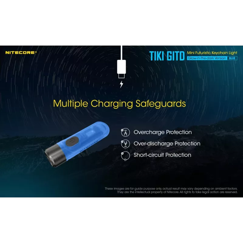 Schlüsselanhänger-Taschenlampe Nitecore TIKI GITD BLUE — grau, USB-aufladbar, 1 lm, 55 mm, 12 g, IP66, stoßfest