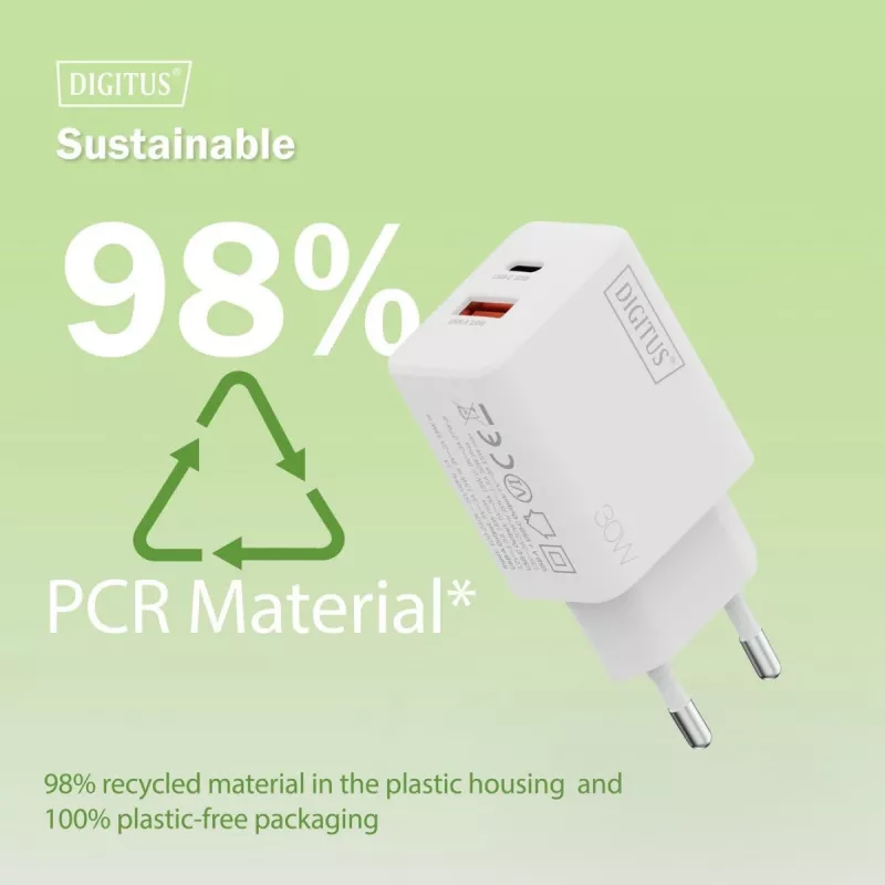 AC Indoor USB GaN Ladegerät DIGITUS DA-10301 — 30W, 1× USB-C, 1× USB-A, 100–240V, weiß