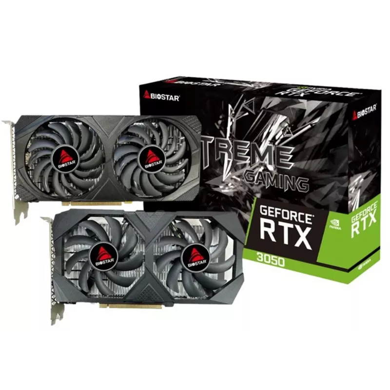 Grafikkarte BIOSTAR GeForce RTX 3050 6GB GDDR6 PCIe 4.0, 2304 CUDA-Kerne, 96-Bit, 2x Lüfter, 225×43 mm