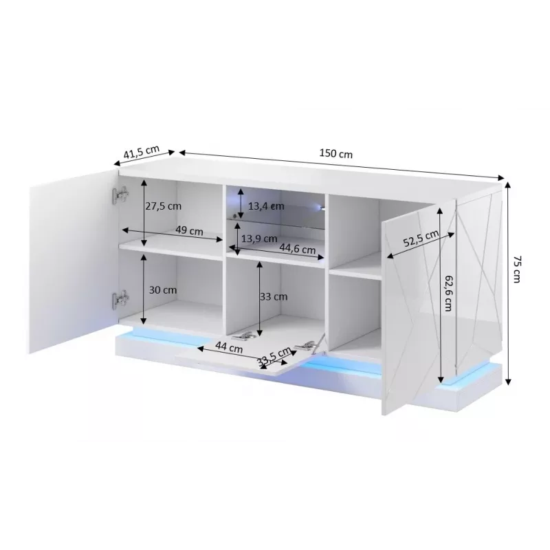 QIU 2D1K Kommode 150x41.5x75 cm glänzend weiß/glänzend weiß