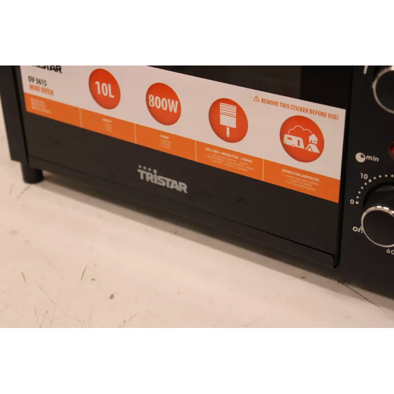 AUSVERKAUF. Tristar OV-3615 Mini-Backofen, Schwarz | Tristar | Mini-Backofen | OV-3615 | 10 L | 800 W | Schwarz | BESCHÄDIGTE VERPACKUNG, UNGLEICHMÄSSIGER SPALT ZWISCHEN GLAS UND TÜRLEISTE