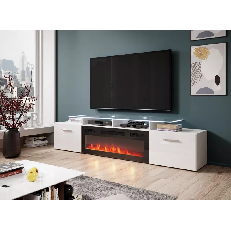 TV-Schrank Cama Meble ROVA mit elektrischem Kamin 190x37x48 cm weiß/hochglanzweiß