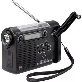 Renkforce RF-CR-200 tragbares Radio UKW, MW, KW wiederaufladbar, Solarpanel, Handkurbel, Alarmfunktion, Taschenlampe Schwarz (RF-4694806)