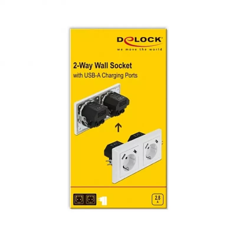 Wandsteckdose DeLOCK 2-fach mit 4 USB-Anschlüssen 2 x 2,8 A