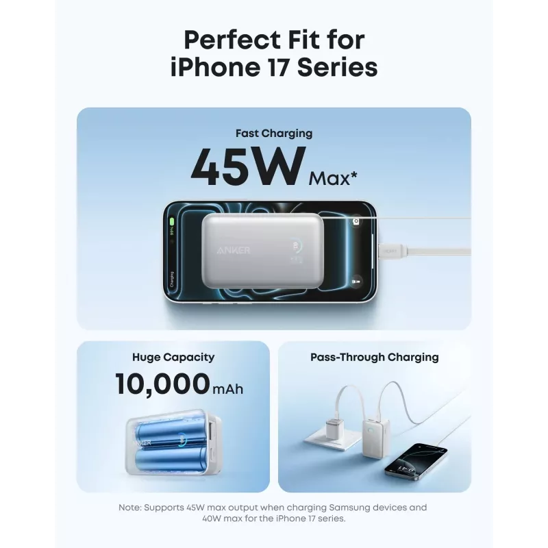 Powerbank Anker A1638 10000 mAh, 45 W Gesamtausgangsleistung, Weiß, integriertes einziehbares USB-C-Kabel