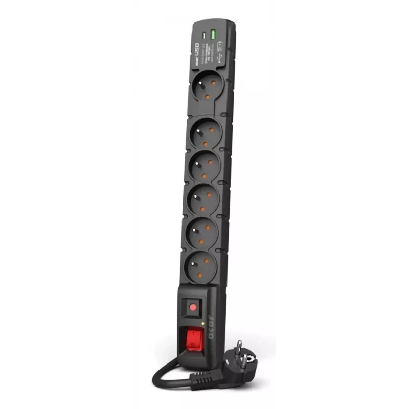 Überspannungsschutz ACAR W2436 Schwarz 6 AC-Steckdosen 230V 1,5m