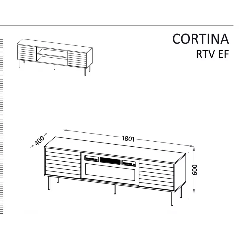 TV-Schrank cama meble CORTINA EF 180×40×60 cm, schwarz, Spanplatten-Oberplatte, schwarzer Rahmen