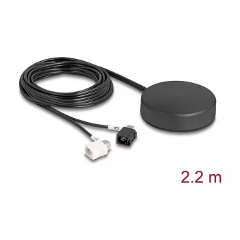 DELOCK 4G GNSS Dachmontage-Rundstrahlantenne — 1×FAKRA A + 1×FAKRA B, 2 dBi / 28 dB, 2,2 m RG-174, schwarz