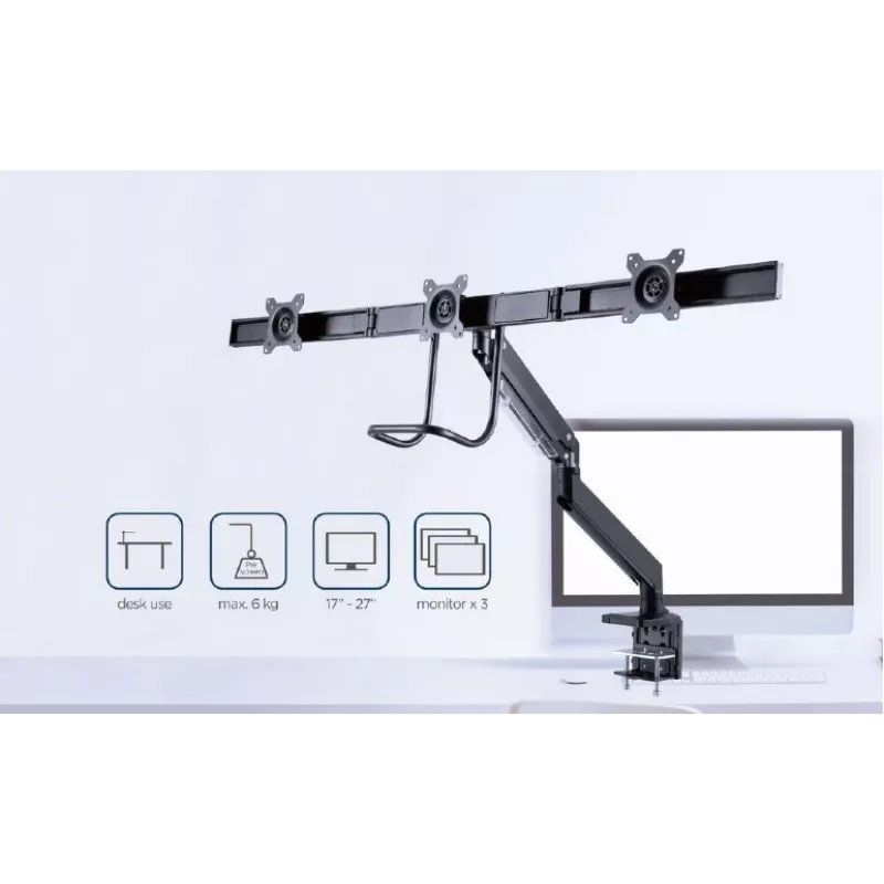 Desk monitor mount GEMBIRD MA-DA3-03, 3-arm, gas spring, VESA 75–100x100, supports 3 displays up to 27 inch, max 18 kg, Schwarz
