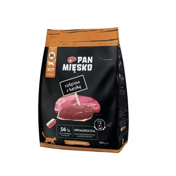 Trockenfutter für Katzen Pan Mięsko Kalb mit Ente, Alleinfuttermittel für ausgewachsene Katzen, 400 g, 39 % Protein, 16 % Fett