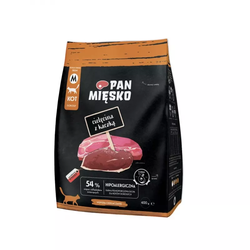 Trockenfutter für Katzen Pan Mięsko Kalb mit Ente, Alleinfuttermittel für ausgewachsene Katzen, 400 g, 39 % Protein, 16 % Fett