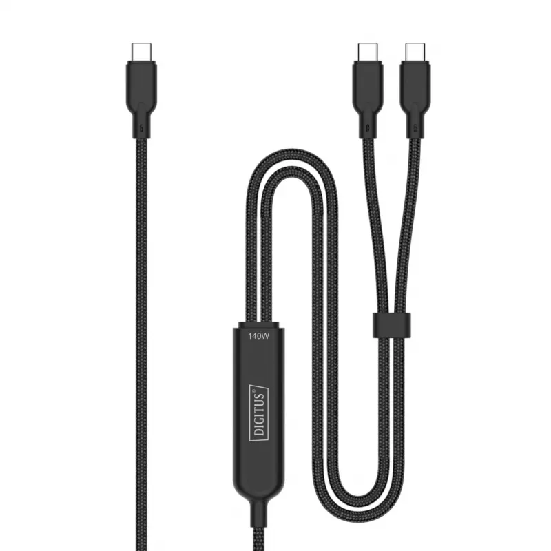 DIGITUS USB-C 2in1 Ladekabel 140W, USB-C auf 2×USB-C, 1,8 m, USB 2.0, schwarz