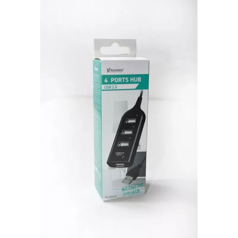 VAKOSS USB-Hub TC-234UX — 4-Port-USB-2.0-Hub, DC-Stromversorgung (5 V, 1 A), schwarz