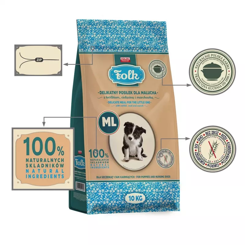 FOLK Junior Mittelgroße und große Rassen Schonende Mahlzeit für Welpen mit Kaninchen, Kalb und Karotte - Trockenfutter für Hunde - 10kg