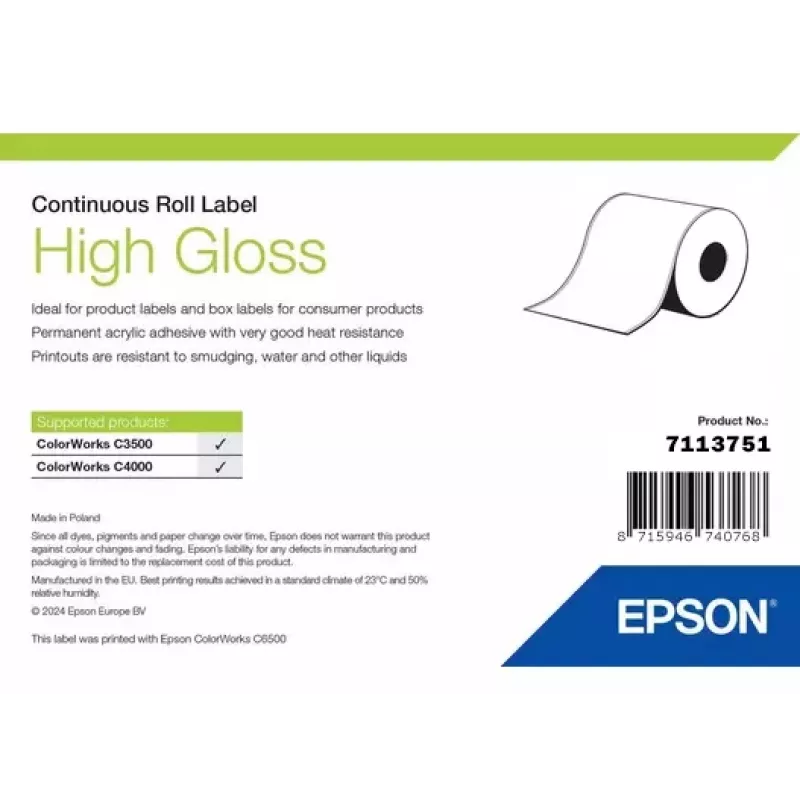Etikettenrolle Epson 7113751, Hochglanz-Finish, Breite 76 mm, Länge 33.000 mm