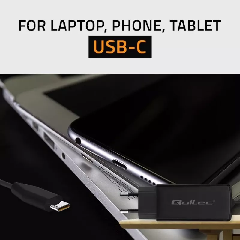 GaN-Laptop-Ladegerät QOLTEC 52419 65 W USB-C PD 5 V/20 V 3 A/3,25 A, 220–240 V, 1,8 m Kabel, schwarz