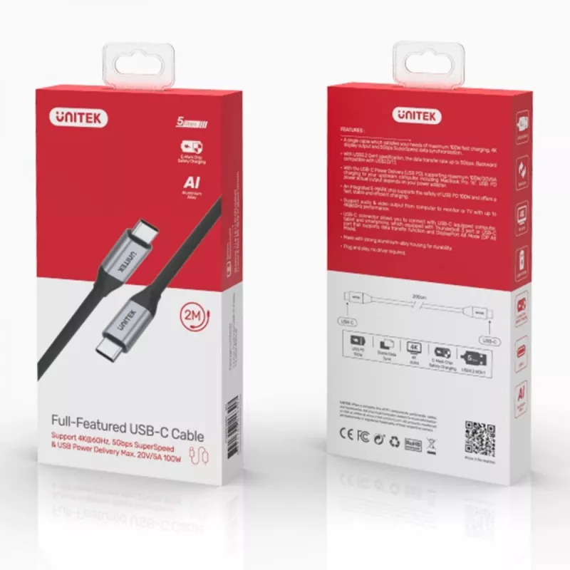 UNITEK C14091ABK USB-Kabel USB 3.2 Gen 2 2m USB-C Schwarz