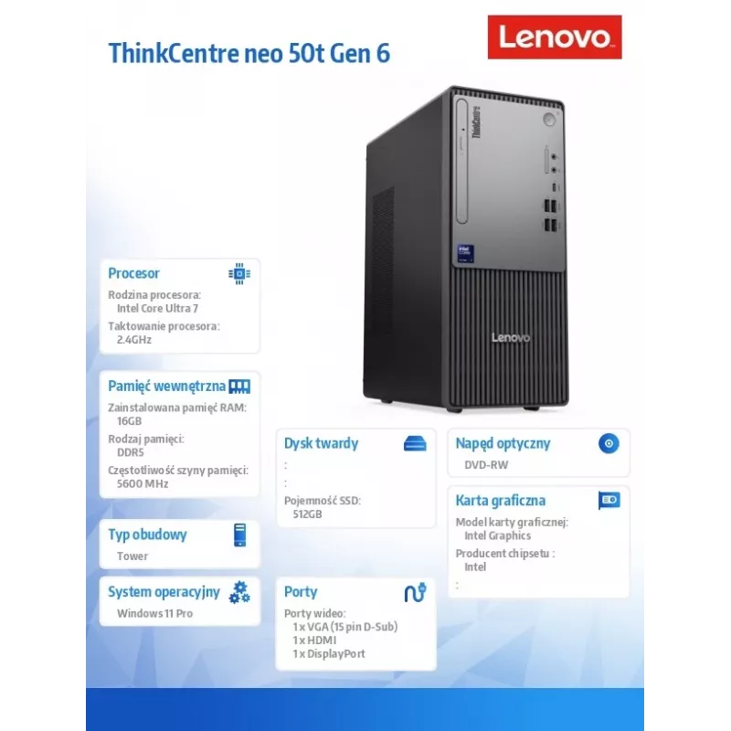 Desktop-PC Lenovo ThinkCentre Neo 50t G6 Tower – Intel Ultra 7 265, 16 GB RAM, 512 GB SSD, Windows 11 Pro, DVD, Schwarz, 3J OS+1J CI