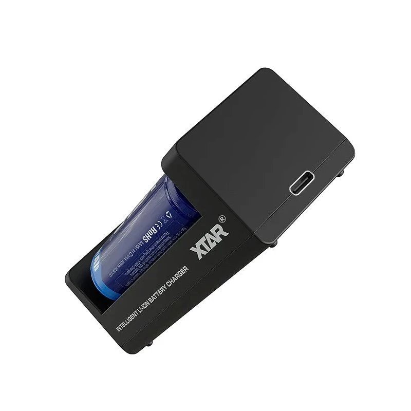 XTAR Dual-Slot Li-Ion-Akkuladegerät für 18650 Zellen, USB-C-Eingang, 2 Schächte, schwarz, LED-Anzeigen