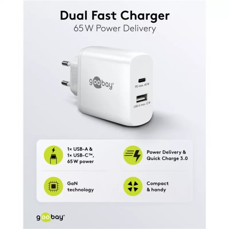 USB-C Dual-Schnellladegerät, PD, GaN, 65 Watt (Weiß, 1x USB-C, 1x USB-A, Power Delivery)