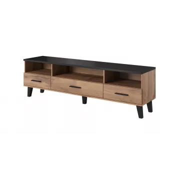 TV-Unterschrank Cama Meble LOTTA 180 cm — Gestell in Wotan-Eiche, matte schwarze Deckplatte, 1800×400×530 mm