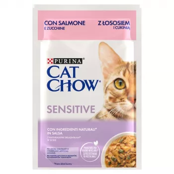 Purina Cat Chow Sensitive Gig mit Lachs und Zucchini in Sauce - Nassfutter für Katzen - 85 g