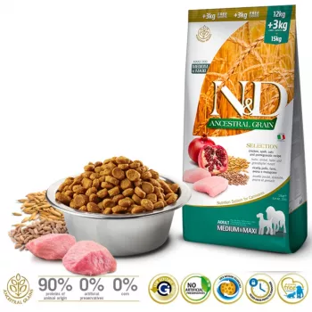 Trockenfutter für Hunde Farmina N&D Ancestral Grain Adult Huhn 15 kg — 27% Protein, 16% Fett