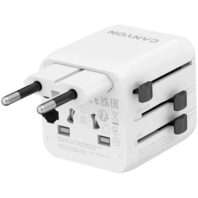Reiseadapter CANYON OnTour One EU UK US AUS Weiß (CNS-TA1005W) – universelle Steckerkonvertierung für EU/UK/US/AUS