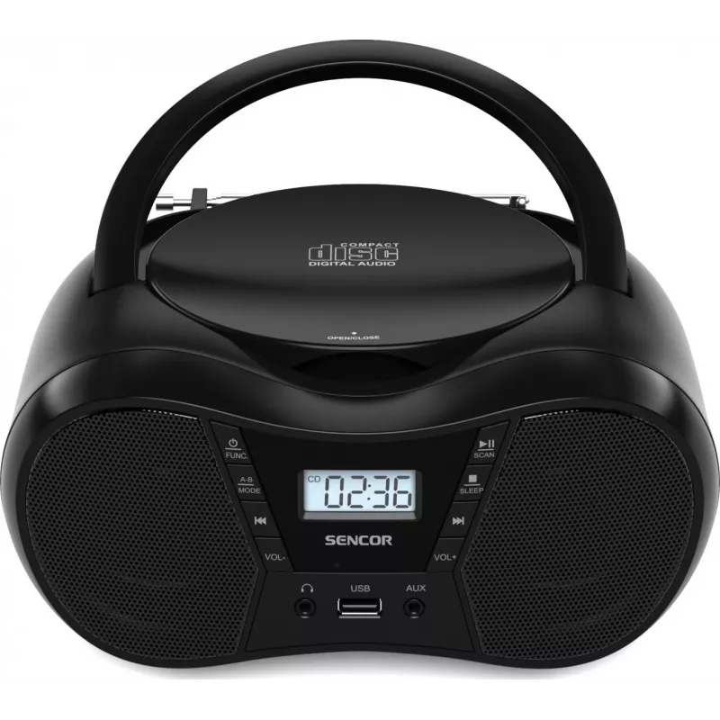Boombox SENCOR SPT2300BK — CD-Player, MP3, USB, Bluetooth 5.1, FM, AUX, 4 W, batteriebetrieben/Netzbetrieb