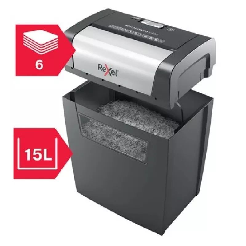 Rexel Momentum X406 Aktenvernichter mit Kreuzschnitt P4, Partikelschnitt, 4 x 28 mm, 15 L, 125 Blatt, 70 dB, Tasten