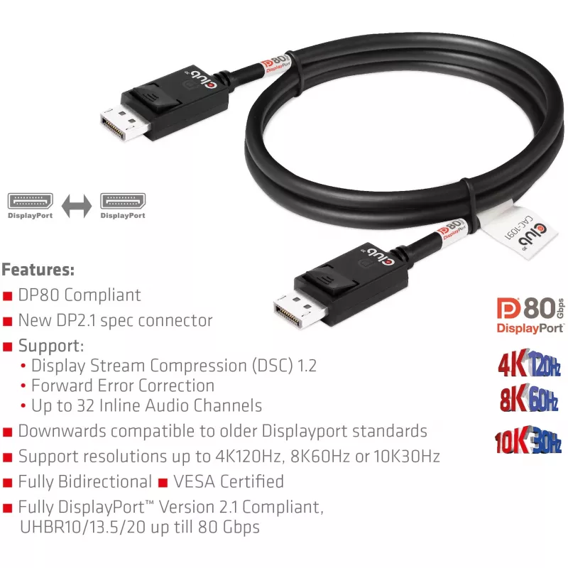 CLUB3D DisplayPort 2.1 Bi-Direktionales VESA DP80 Zertifiziertes Kabel 4K240Hz, 8K60Hz oder 10K30Hz M/M 1,2 m