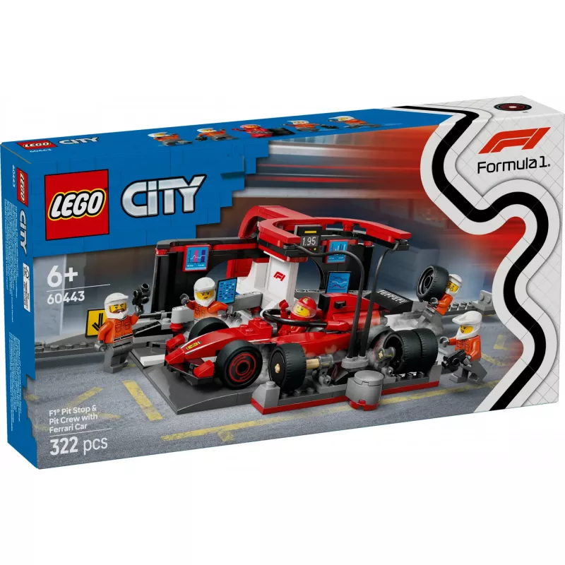 LEGO City F1-Boxenstopp-Set 60443 – Ferrari F1-Auto, 322 Teile, 5 Minifiguren, Alter 6+