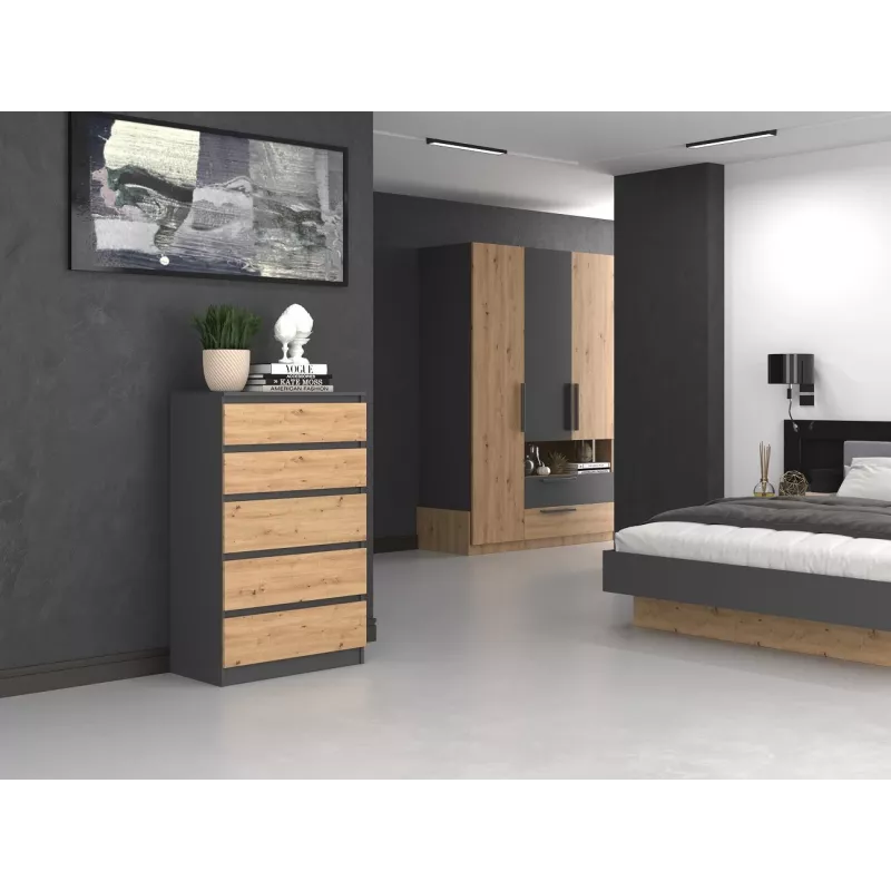 Kommode Topeshop M5 ANTRACYT/ARTISAN 5 Schubladen, Anthrazit Eiche, 700×1095×400 mm